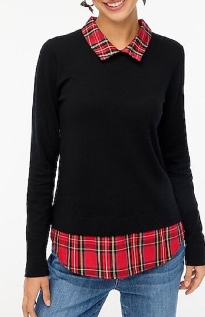 J Crew AS307 Tartan Plaid Woven-Collar / Hem Black Sweater Small A001857